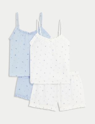M&S Girls 2pk Pure Cotton Floral Pyjama Sets (6-16 Yrs) - 11-12 - Lilac Mix, Lilac Mix