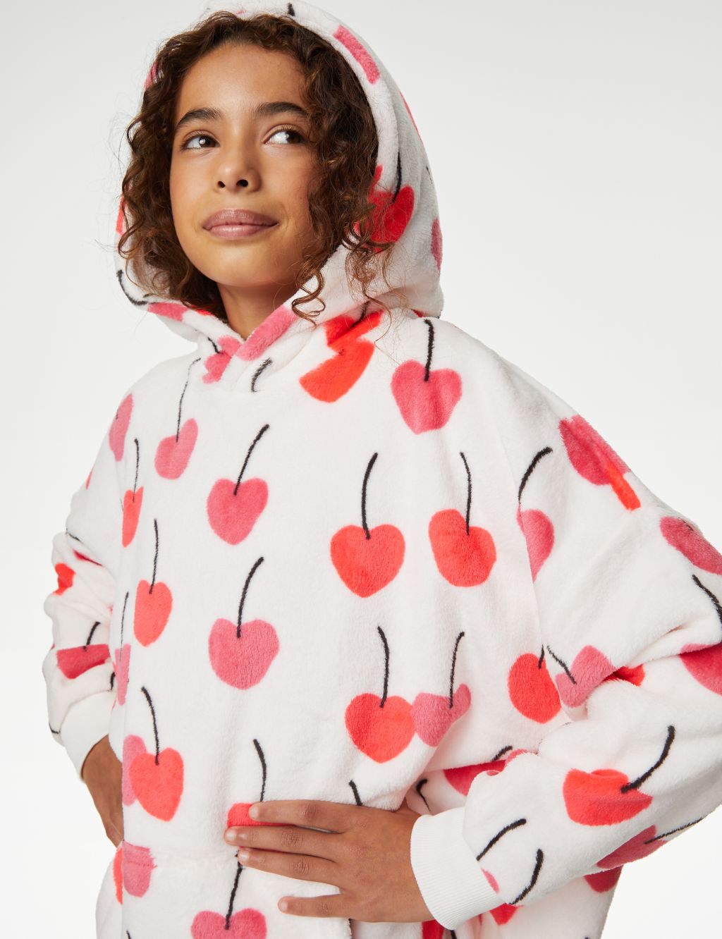 Fleece Cherry Print Oversized Hoodie (7-16 Yrs) image 3