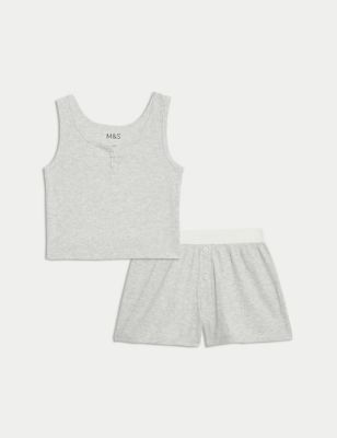 M&S Girls Cotton Rich Pyjamas (6-16 Yrs) - 8-9 Y - Grey, Grey,White