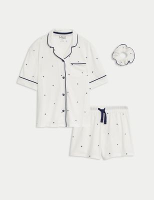 M&S Girls Printed Cotton Blend Pyjamas With Scrunchie (3-16 Yrs) - 4-5 Y - Ivory Mix, Ivory Mix