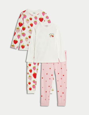 M&S Girls 2pk Pure Cotton Strawberry Pyjama Sets (6-16 Yrs) - 7-8 Y - Ivory, Ivory
