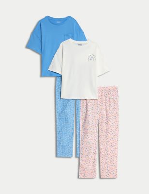 M&S Girls 2pk Pure Cotton Daisy Pyjama Sets (6-16 Yrs) - 7-8 Y - Blue Mix, Blue Mix