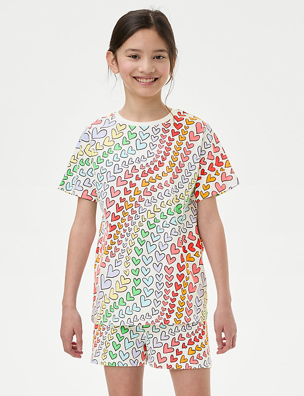 Pure Cotton Rainbow Heart Print Pyjamas (7-14 Yrs) - SI