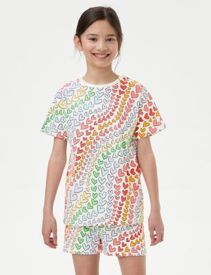 M&S Girls Pure Cotton Rainbow Heart Print Pyjamas (7-14 Yrs) - 8-9 Y - Multi, Multi