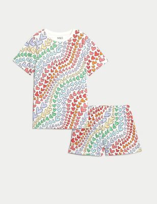 Pure Cotton Rainbow Heart Print Pyjamas (7-14 Yrs)