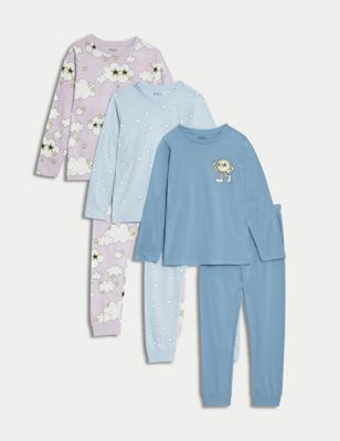 M&S Girls 3pk Pure Cotton Patterned Pyjama Sets (6-16 Yrs) - 11-12 - Blue Mix, Blue Mix