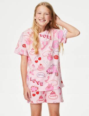 M&S Girls Pure Cotton Love Print Pyjamas (7-14 Yrs) - 11-12 - Pink Mix, Pink Mix