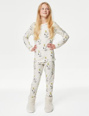 M&S Cotton Rich Snoopy Pyjamas (6-16 Yrs) - 6-7 Y - White, White