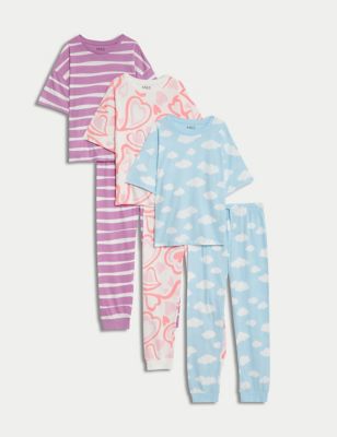 M&S Girls 3pk Pure Cotton Patterned Pyjama Sets (6-16 Yrs) - 7-8 Y - Pink Mix, Pink Mix