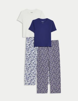 M&S Girl's 2pk Cotton Rich Floral Pyjamas (6-16 Yrs) - 6-7 Y - Blue Mix, Blue Mix