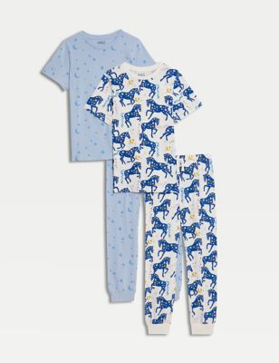 M&S Girls 2pk Pure Cotton Print Pyjama Sets (6-16 Yrs) - 11-12 - Blue Mix, Blue Mix