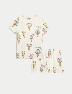 M&S Girl's Pure Cotton Ice Cream Pyjamas (7-14 Yrs) - 7-8 Y - Pink Mix, Pink Mix