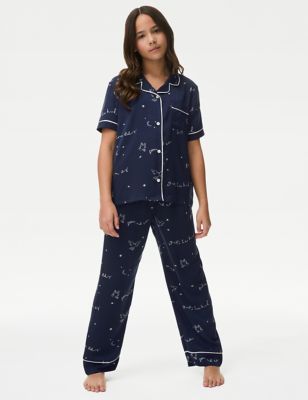 M&S Girls Satin Slogan Pyjamas (6-16 Yrs) - 7-8 Y - Navy, Navy