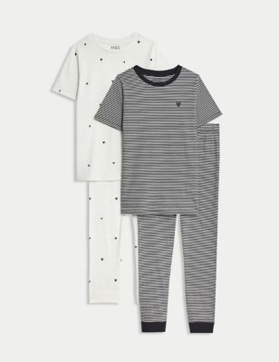 M&S Girl's 2pk Pure Cotton Heart Pyjamas (6-16 Yrs) - 7-8 Y - Black/White, Black/White