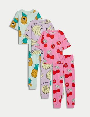M&S Girl's 3pk Pure Cotton Fruit Print Pyjamas (6-16 Yrs) - 7-8 Y - Multi, Multi