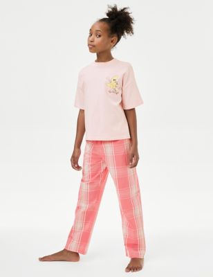 M&S Girls Pure Cotton Banana Graphic Checked Pyjamas (6-16 Yrs) - 11-12 - Pink Mix, Pink Mix