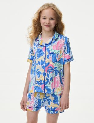M&S Girl's Satin Leopard Print Pyjamas (6-16 Yrs) - 6-7 Y - Blue Mix, Blue Mix
