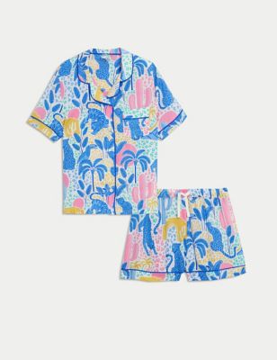 M&S Girls Satin Leopard Print Pyjamas (6-16 Yrs) - 6-7 Y - Blue Mix, Blue Mix