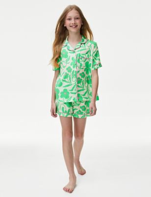 M&S Girl's Satin Floral Print Pyjamas (6-16 Yrs) - 6-7 Y - Green Mix, Green Mix