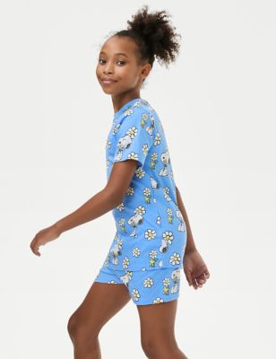 M&S Girl's Pure Cotton Snoopy Pyjamas (6-16 Yrs) - 6-7 Y - Medium Blue Mix, Medium Blue Mix