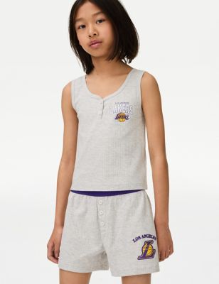 M&S Girls NBA Cotton Rich LA Lakers Pyjamas (6-16 Yrs) - 7-8 Y - Grey Marl, Grey Marl