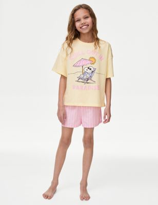 M&S Girl's Pure Cotton Snoopy Pyjamas (6-16 Yrs) - 6-7 Y - Yellow Mix, Yellow Mix