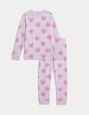 M&S Girls Pure Cotton Percy Pig Pyjamas (2-14 Yrs) - 3-4 Y - Lilac, Lilac