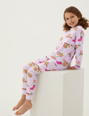 

M&S Collection Schlafanzug aus reiner Baumwolle mit Faultiermuster (6-16 Jahre) - Lilac Mix, Lilac Mix