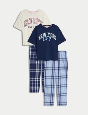 

Girls M&S Collection 2pk Pure Cotton Slogan Checked Pyjamas (6-16 Yrs) - Multi, Multi