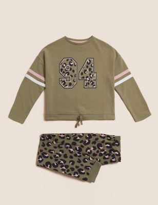 M&S Girls Cotton Rich Leopard Print Lounge Pyjamas (6-16 Yrs)