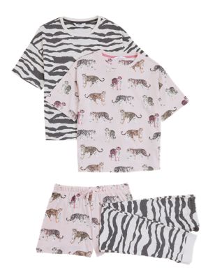 M&S Girls 2pk Pure Cotton Animal Print Pyjama Sets (6-16 Yrs)