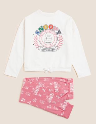 M&S Girls Snoopy  Lounge Cotton Rich Pyjama Set (2-16 Yrs)