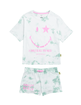 

M&S Collection Kurzer Schlafanzug mit SmileyWorld®-Batikmuster (6-16 J.) - Green Mix, Green Mix