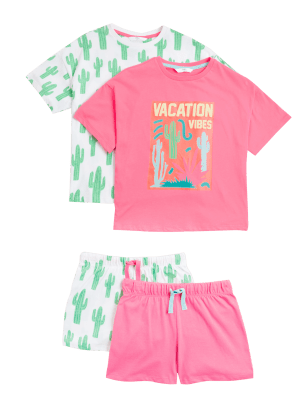 

M&S Collection 2er-Pack kurze Schlafanzugsets aus reiner Baumwolle mit Kaktusmuster (6-16 J.) - Pink Mix, Pink Mix