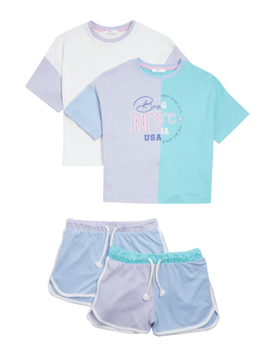 

M&S Collection 2er-Pack kurze Schlafanzugsets aus reiner Baumwolle mit New York-Motiv (6-16 J.) - Lilac Mix, Lilac Mix