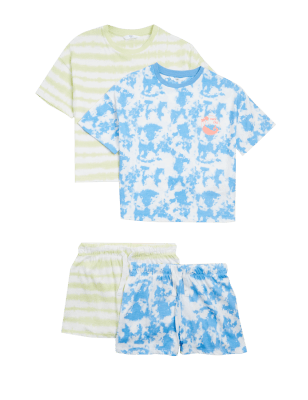 

M&S Collection 2er-Pack kurze Schlafanzugsets aus reiner Baumwolle mit Batik-Muster (6-16 Jahre) - Blue Mix, Blue Mix