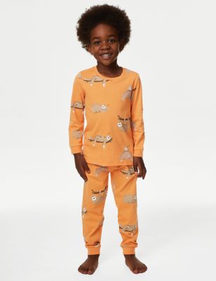 M&S Boys Pure Cotton Sloth Pyjamas (1-8 Yrs) - 1-1+Y - Orange, Orange