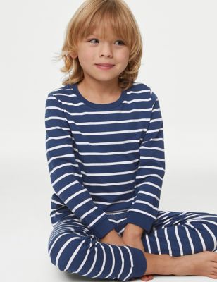 M&S Boys Pure Cotton Striped Pyjamas (1-8 Yrs) - 5-6 Y - Navy, Navy