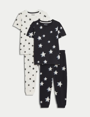 M&S Boys 2pk Pure Cotton Star Pyjamas - 3-4 Y - Black Mix, Black Mix