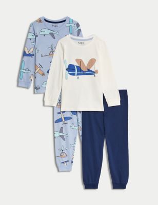 M&S 2pk Pure Cotton Aeroplane Pyjama Sets (1-8 Yrs) - 6-7 Y - Blue Mix, Blue Mix