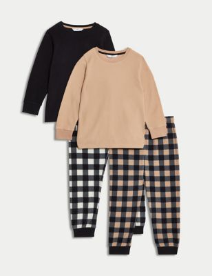 M&S Boy's 2pk Fleece Checked Pyjama Sets (1-8 Yrs) - 1-2Y - Black, Black