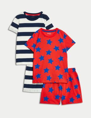 M&S Boys 2pk Pure Cotton Shortie Pyjama Sets (1-8 Yrs) - 1-1+Y - Red Mix, Red Mix