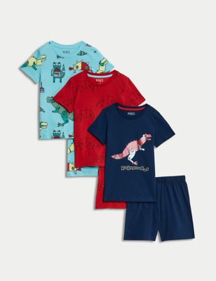 M&S Boys 3pk Pure Cotton Dinosaur Pyjama Sets (1-8 Yrs) - 1-2Y - Navy, Navy