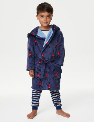 M&S Fleece London Hooded Dressing Gown (1-8 Yrs) - 1-1+Y - Blue Mix, Blue Mix