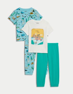 M&S Boy's 2pk Pure Cotton Camping Print Pyjamas (1-8 Yrs) - 2-3 Y - Turquoise, Turquoise