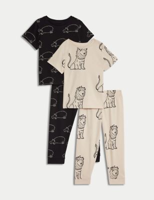 M&S Boys 2pk Pure Cotton Animals Pyjama Sets (1-8 Years) - 1-2Y - Carbon, Carbon