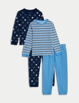 M&S Boys 2pk Pure Cotton Stripe Pyjama Sets (1-8 Yrs) - 6-7 Y - Navy Mix, Navy Mix