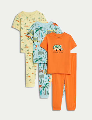 M&S Boy's 3pk Pure Cotton Safari Pyjama Sets (1-8 Years) - 1-2Y - Orange Mix, Orange Mix