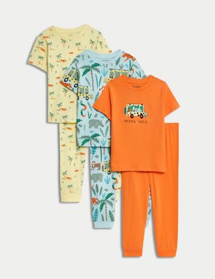 M&S Boys 3pk Pure Cotton Safari Pyjama Sets (1-8 Years) - 1-2Y - Orange Mix, Orange Mix