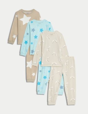M&S Boys 3pk Pure Cotton Star Pyjama Sets (1-8 Yrs) - 6-7 Y - Calico, Calico